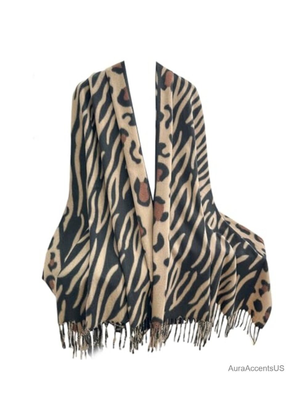Reversible Leopard Zebra Print Oversized Wrap Scarf with Fringe